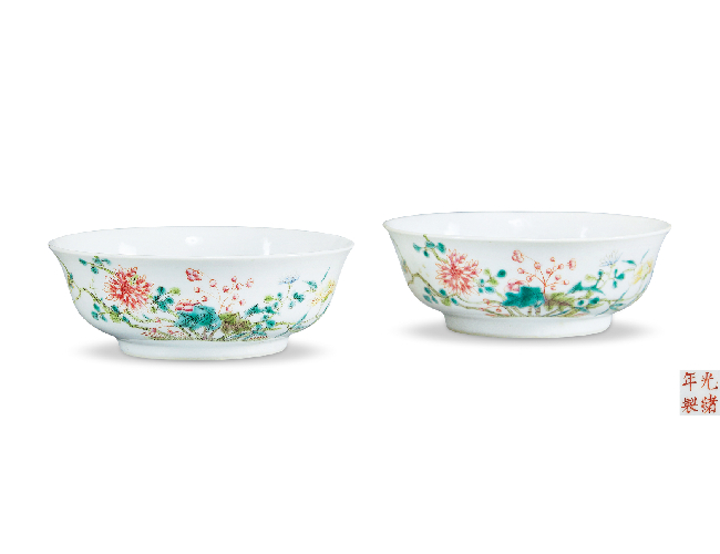 清光緒  粉彩過(guò)枝花卉紋墩式碗（一對(duì)）