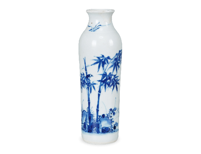 清順治  青花竹石小鳥(niǎo)紋筒瓶